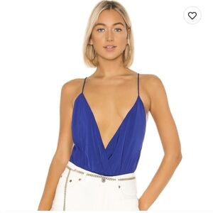 Superdown Royale Blue Plunging V Neck Spaghetti Strap Backless Bodysuit